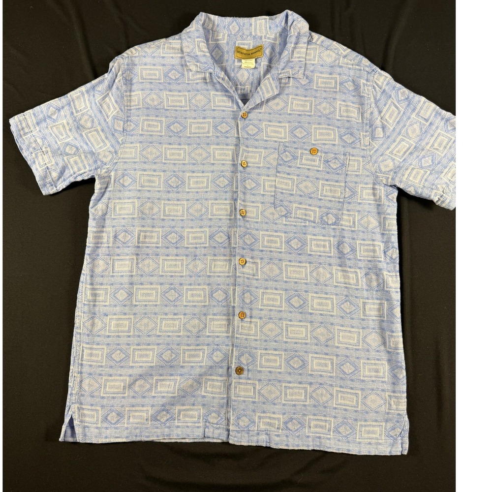 Scandia Woods Mens Blue‎ Geometric Jacquard Cotton Camp Shirt SS Large Relaxed